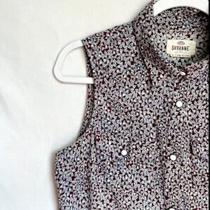 Women’s Shyanne XS Roper Brown & White Floral Tie Up Sleeveless Western Top